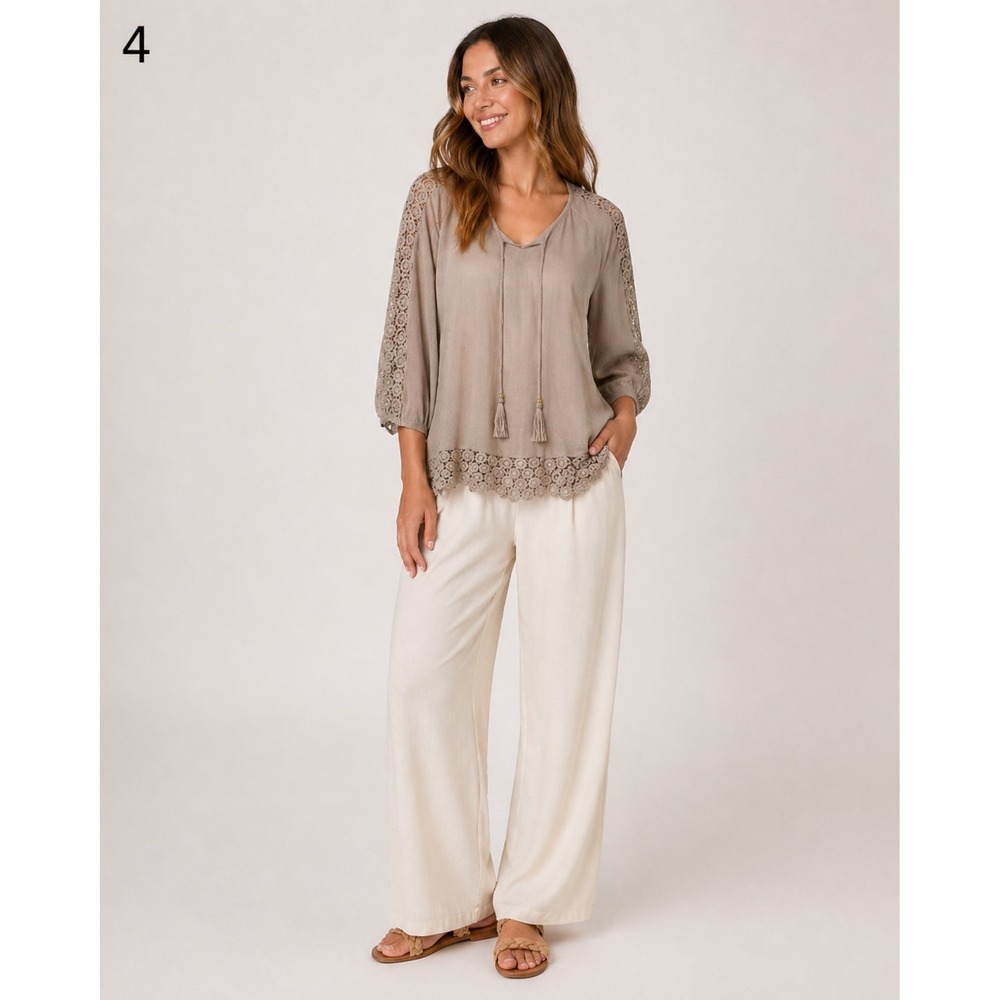 Charter Club Coastal Grandmother Top Womens PS Tan Luxury Linen Crochet Trim NEW